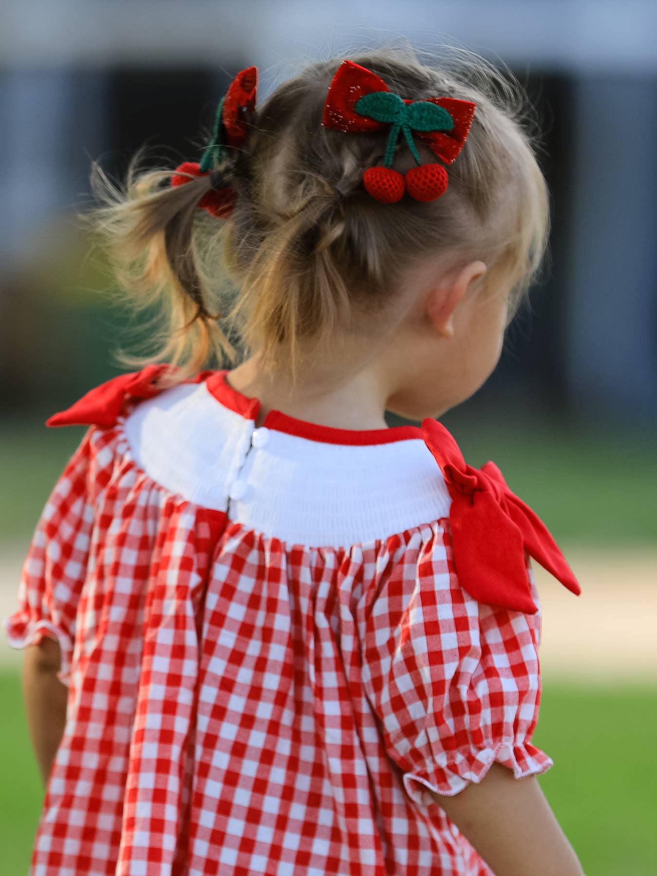 Red Cherry Bow Plaid Smocking Embroidery Girls' Dress