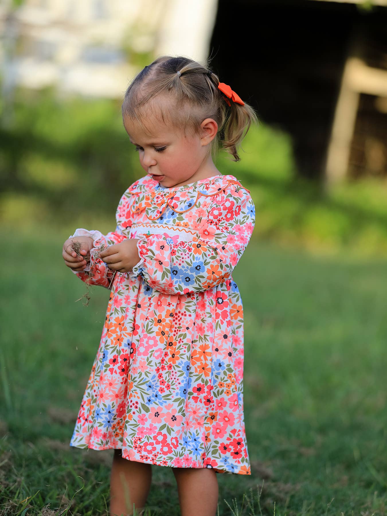 Halloween Pumpkin Bow Smock Embroidered Floral Dress