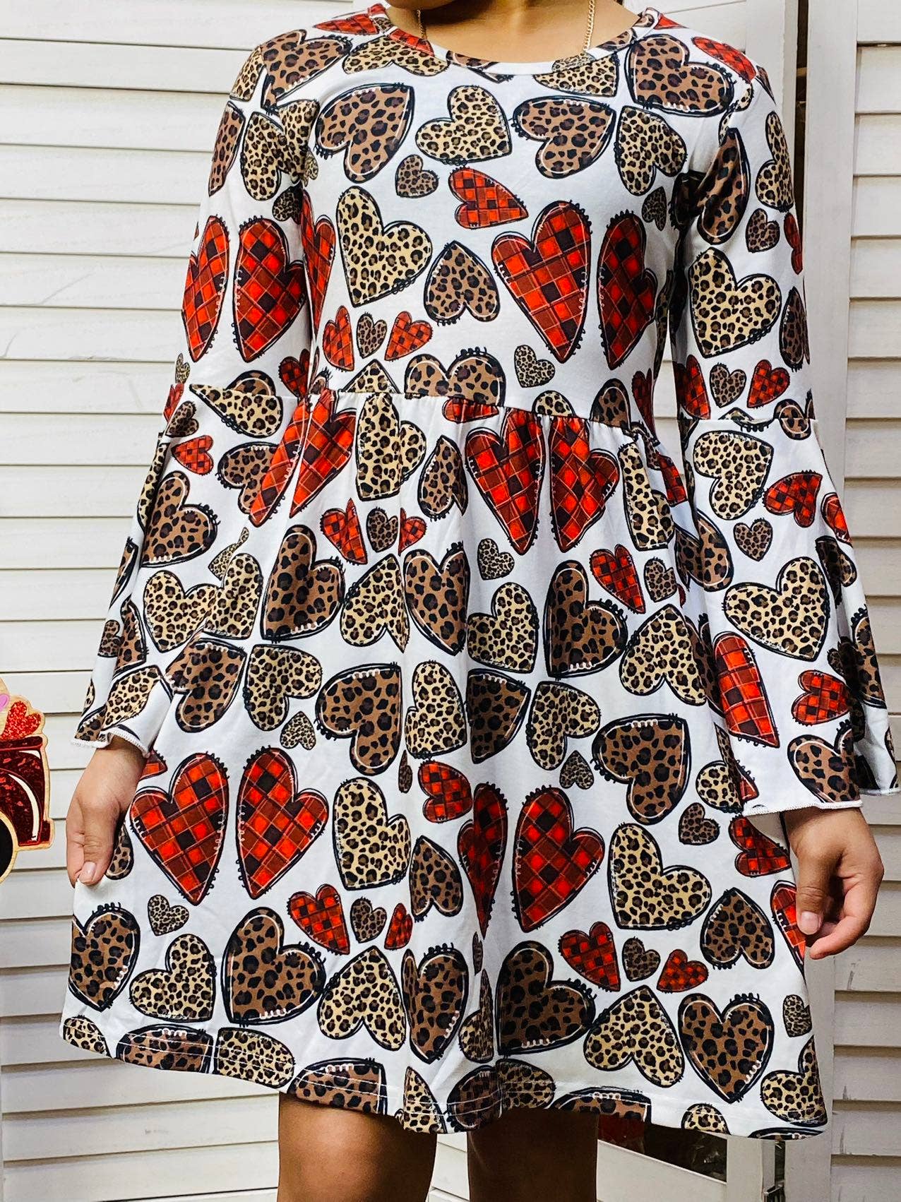 Kids Leopard & Plaid hearts Print Ruffle dress