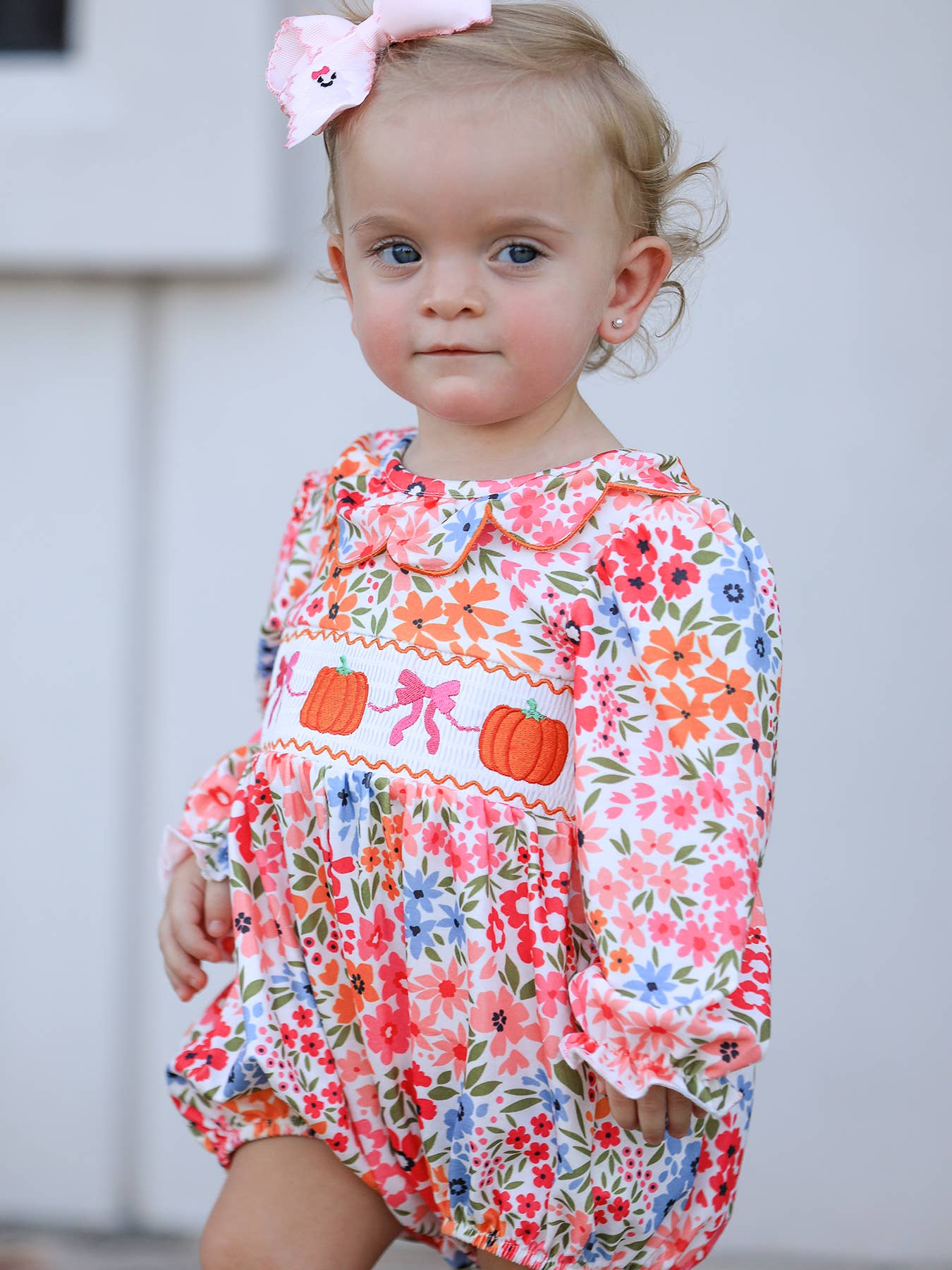 Halloween Pumpkin Bow Smock Embroidered Floral Baby Girl Romper