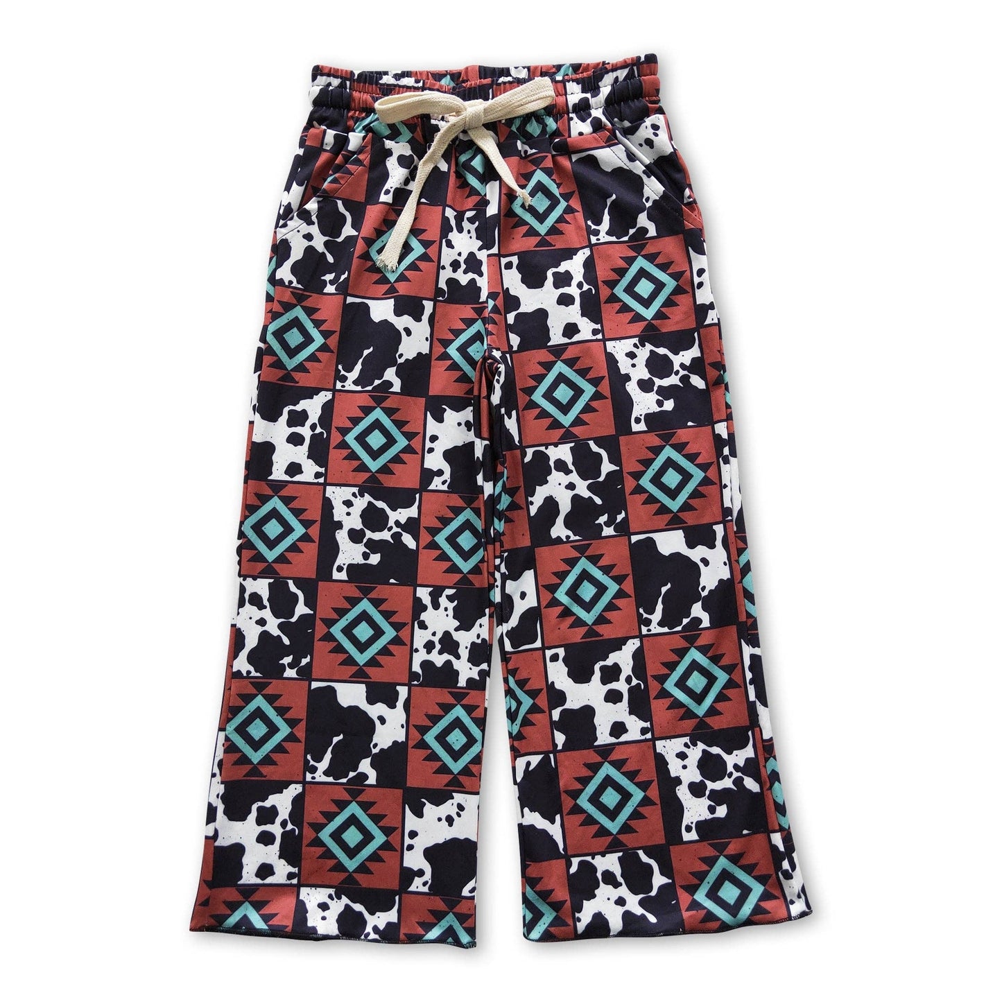 Cow print aztec patchwork western kids pants