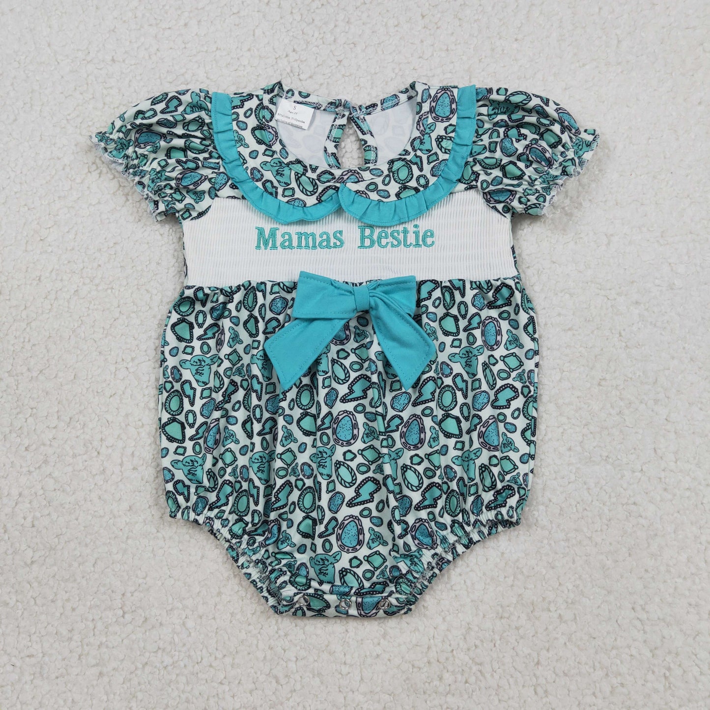 smocked baby romper with turquoise blue western design