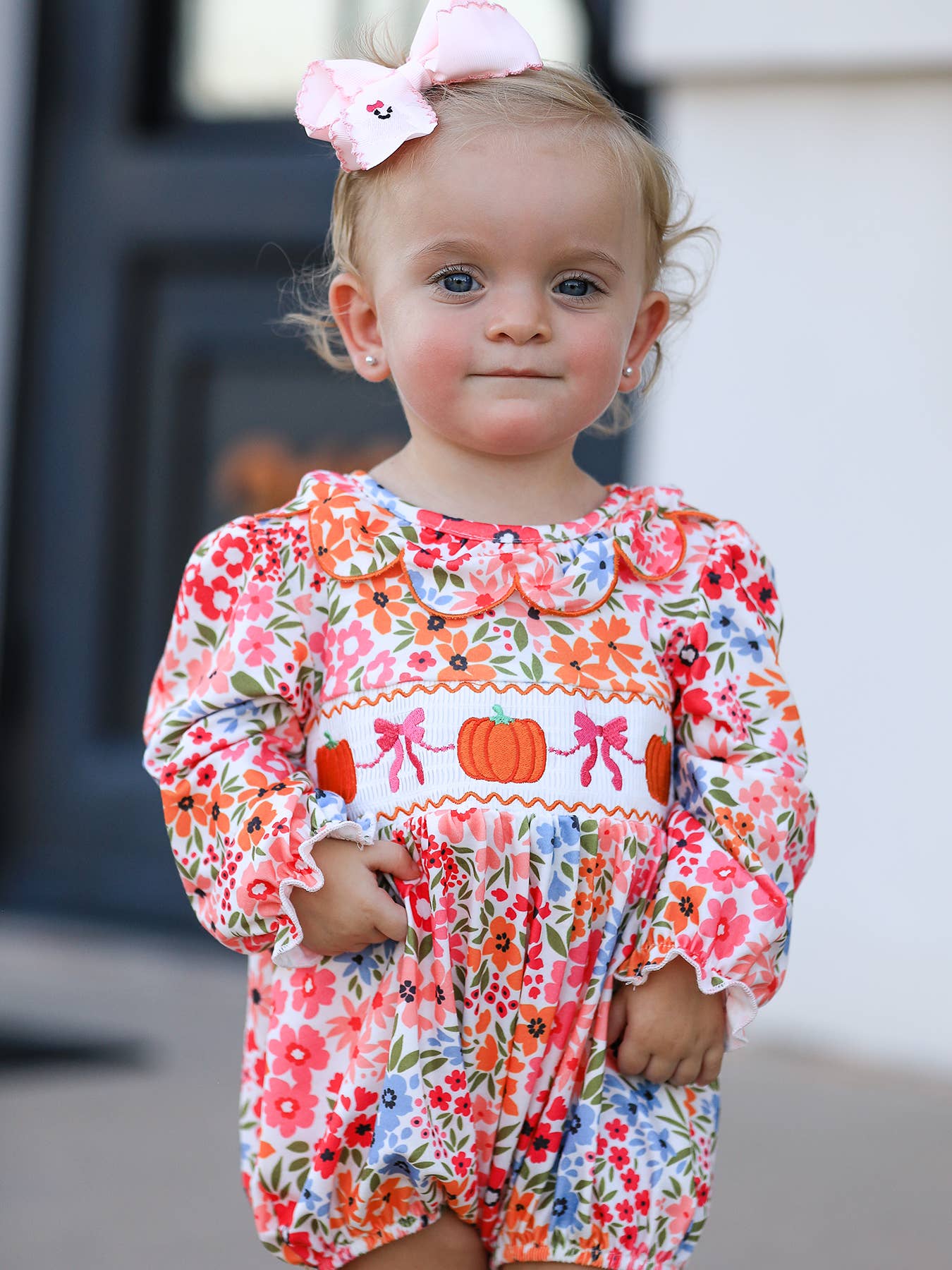 Halloween Pumpkin Bow Smock Embroidered Floral Baby Girl Romper