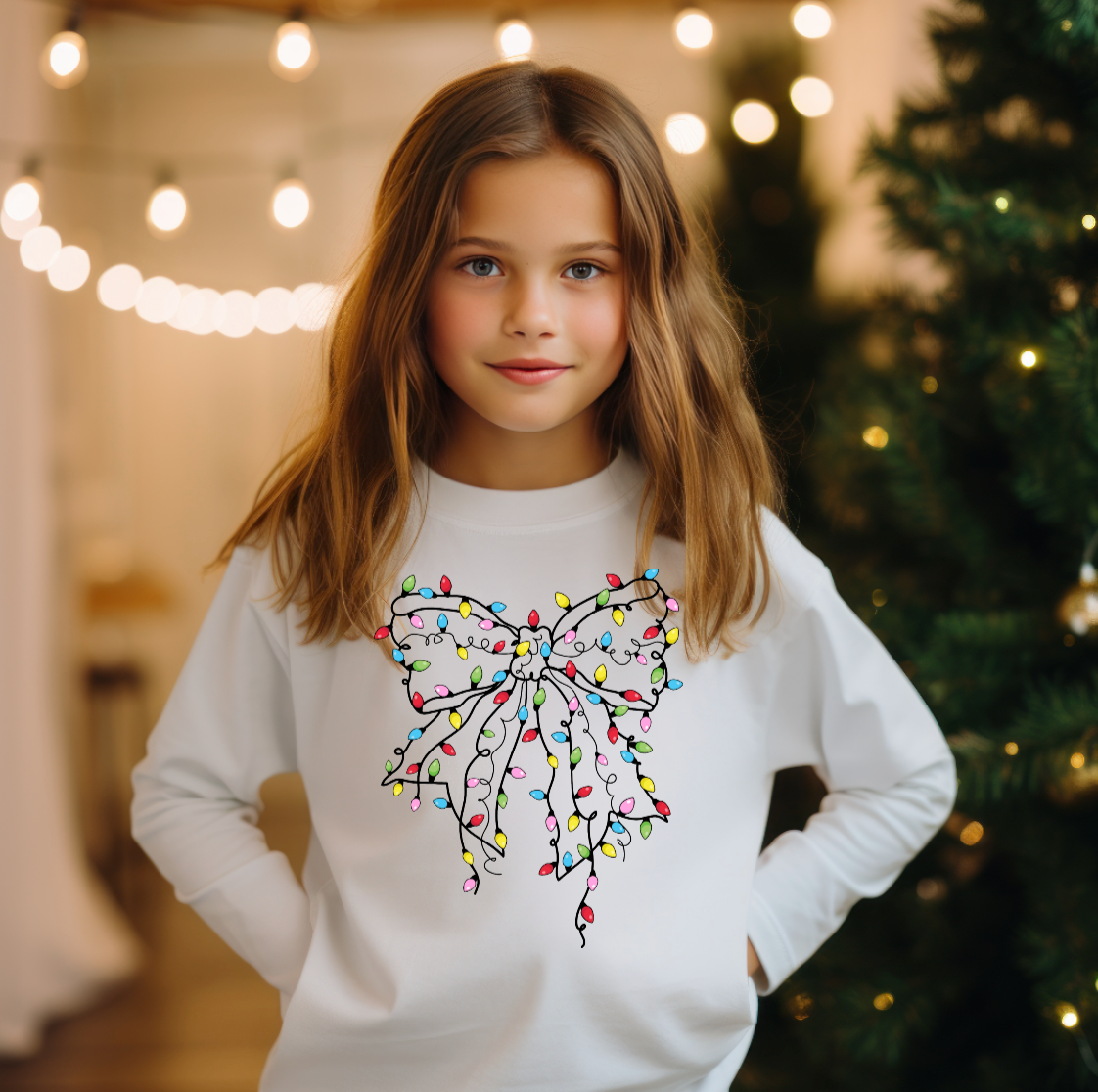 Christmas Bow with Lights Girls Tee Shirt