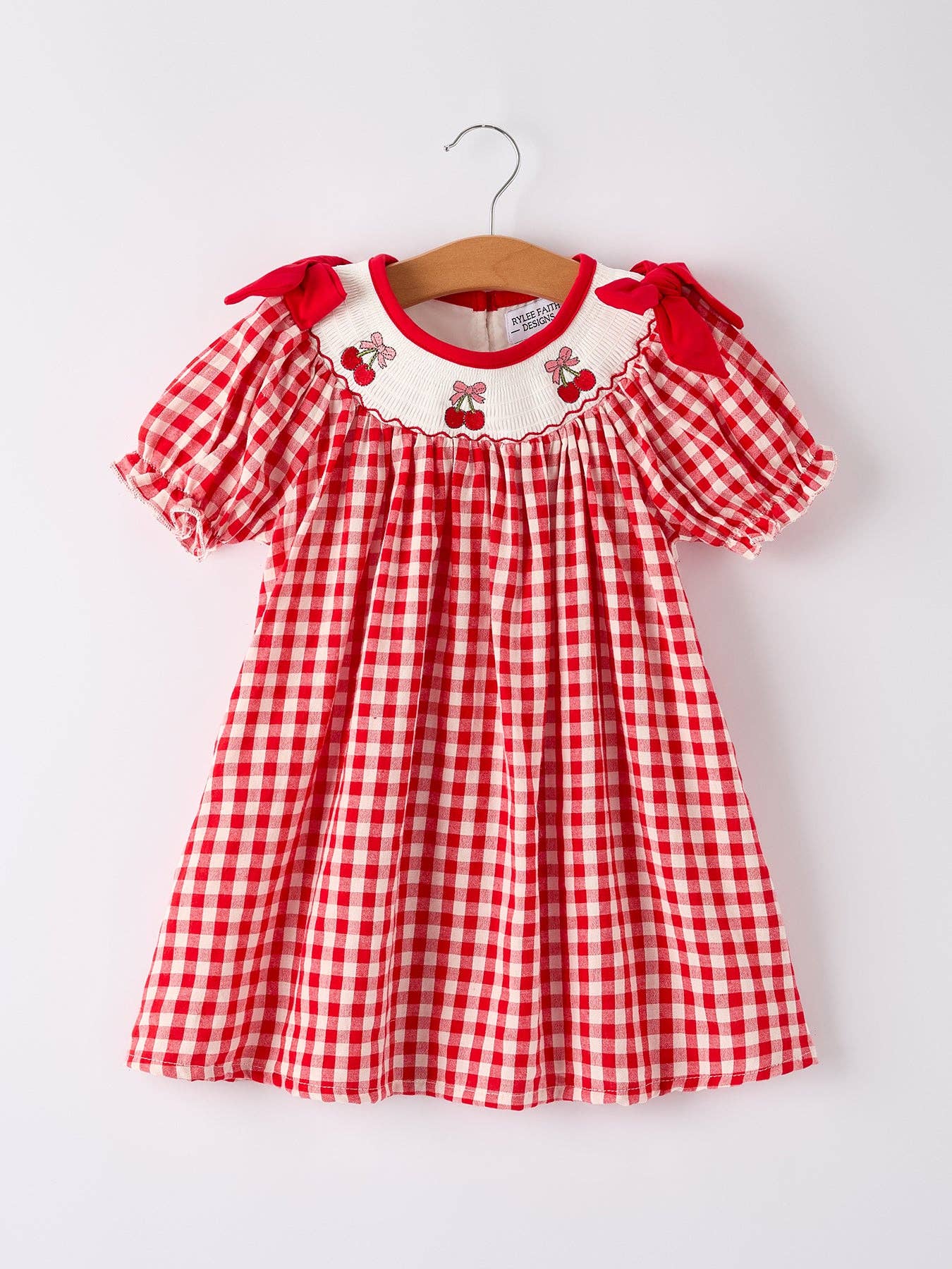 Red Cherry Bow Plaid Smocking Embroidery Girls' Dress