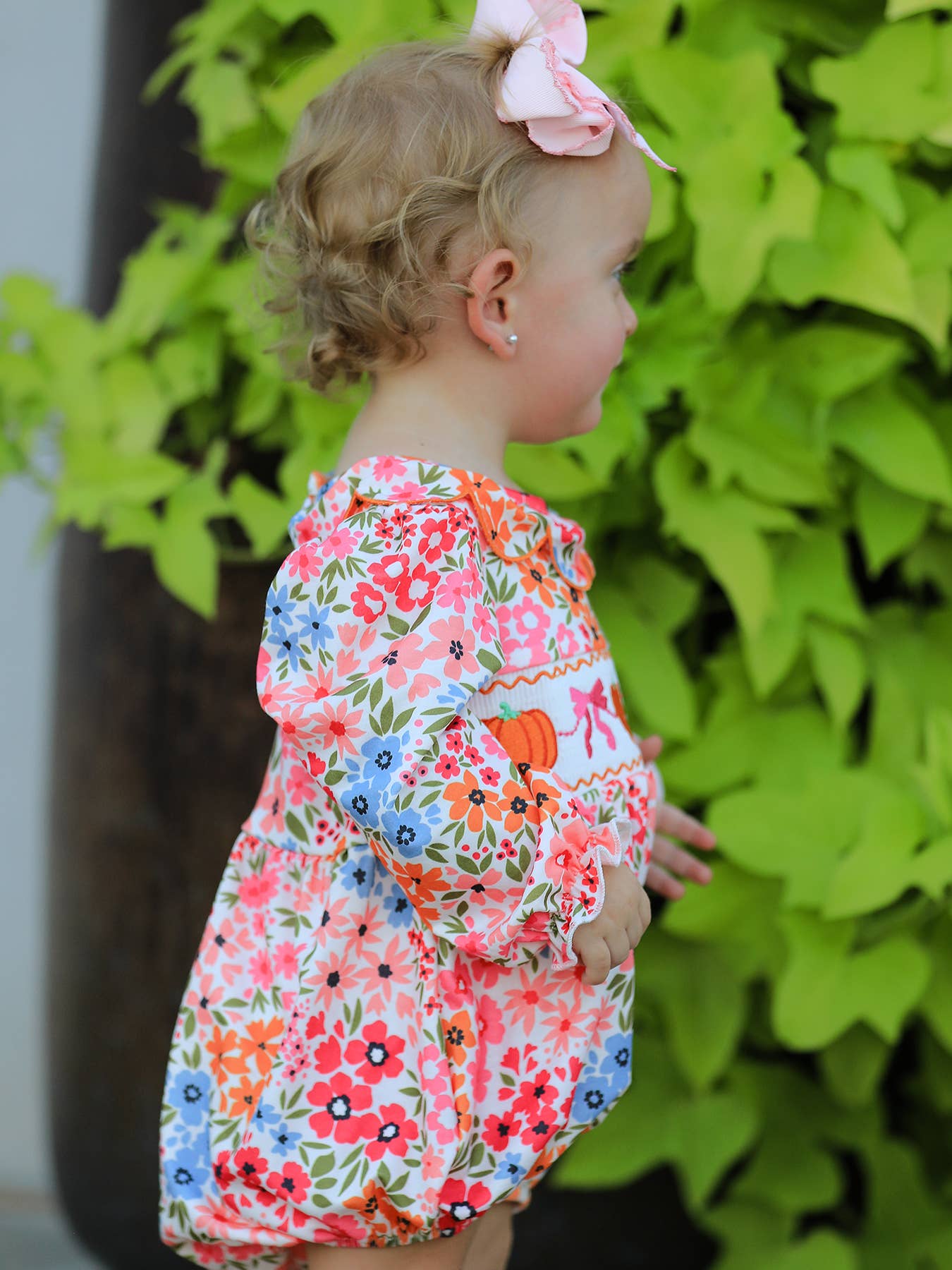 Halloween Pumpkin Bow Smock Embroidered Floral Baby Girl Romper