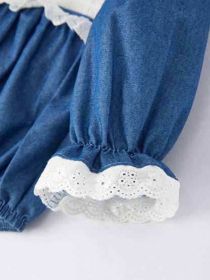 Heart Letters Smocking Embroidered Lace Girls Romper