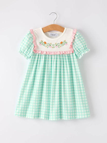 Thanksgiving Day Fall Pumpkin Flowers Embroidered Check Girls Dress