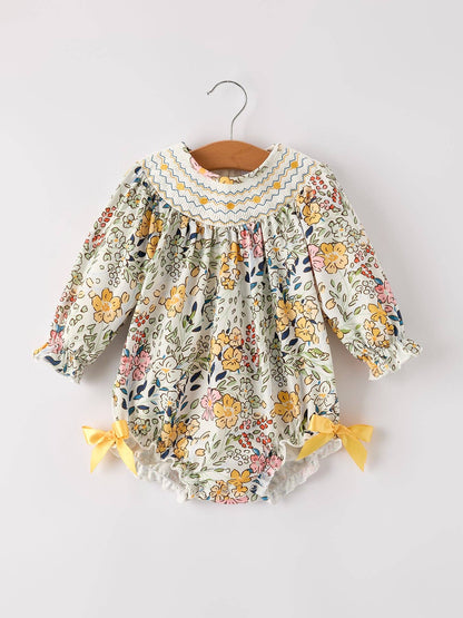 Embroidery Smocking Bow Floral Leaf Baby Girls Romper