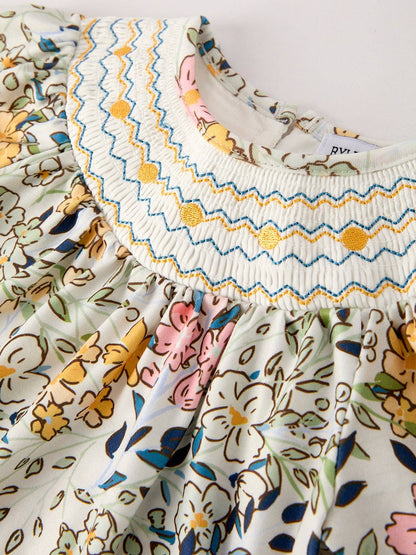 Embroidery Smocking Bow Floral Leaf Baby Girls Romper