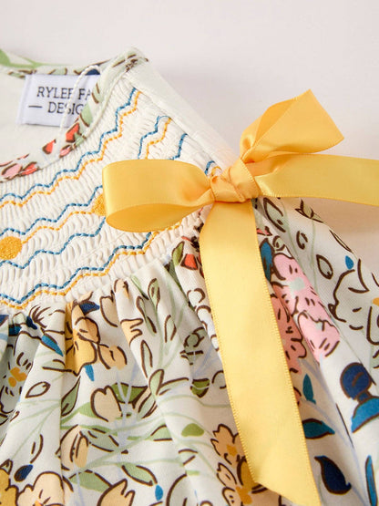 Embroidery Smocking Bow Floral Leaf Baby Girls Dress