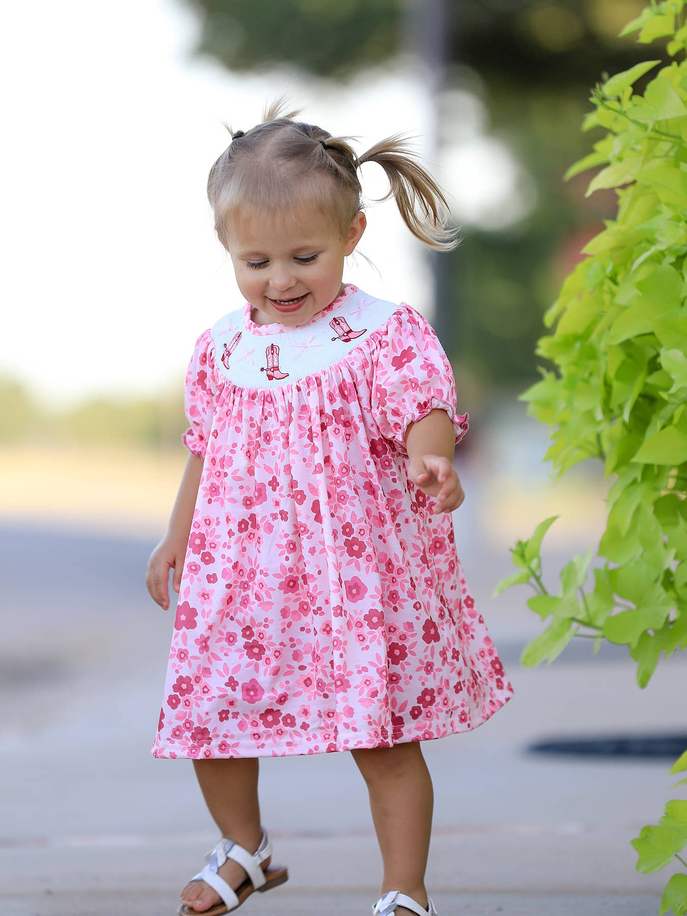 Boots Smocking Embroidered Short Sleeve Floral Dress