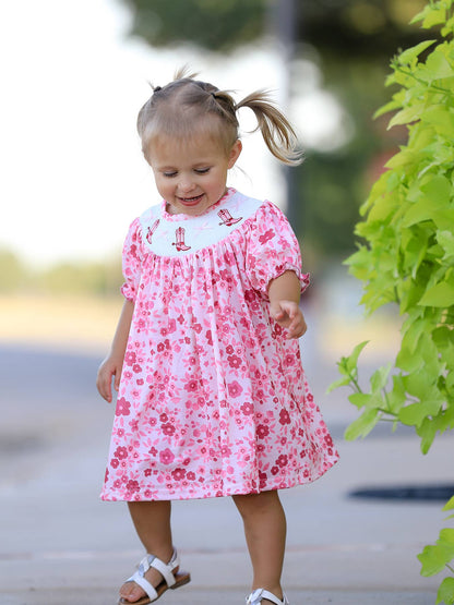 Boots Smocking Embroidered Short Sleeve Floral Dress
