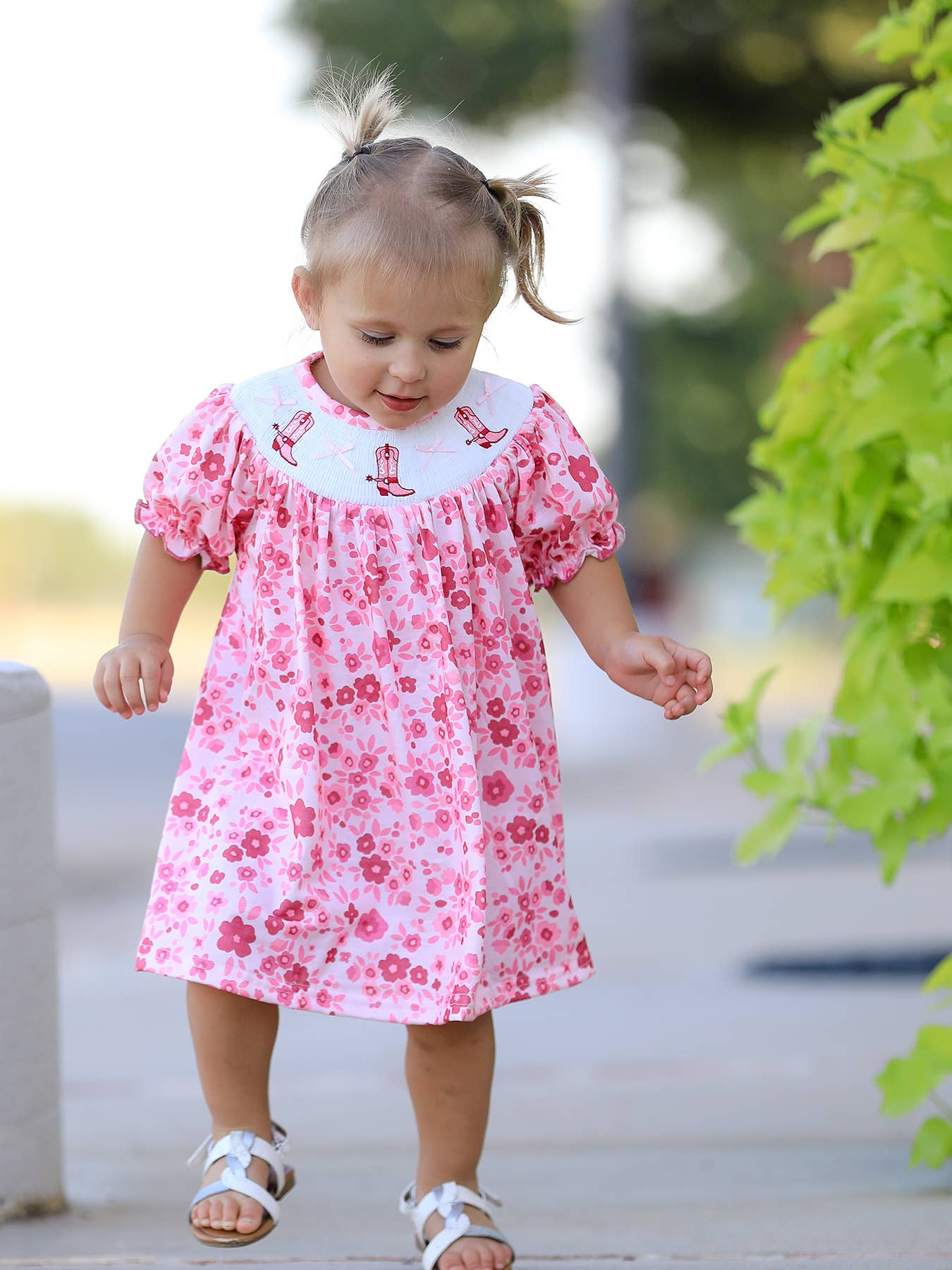 Boots Smocking Embroidered Short Sleeve Floral Dress