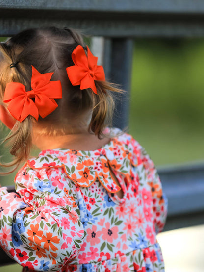 Halloween Pumpkin Bow Smock Embroidered Floral Dress