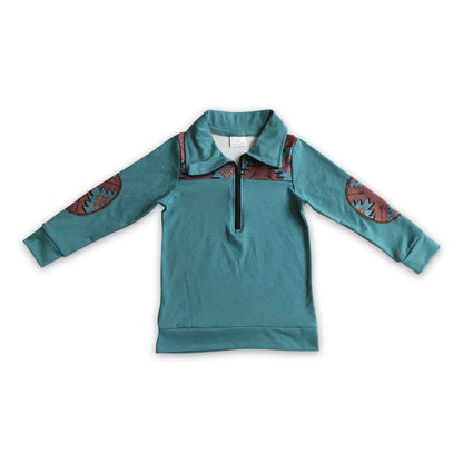 turquoise quarter zip with aztec elbow patches  