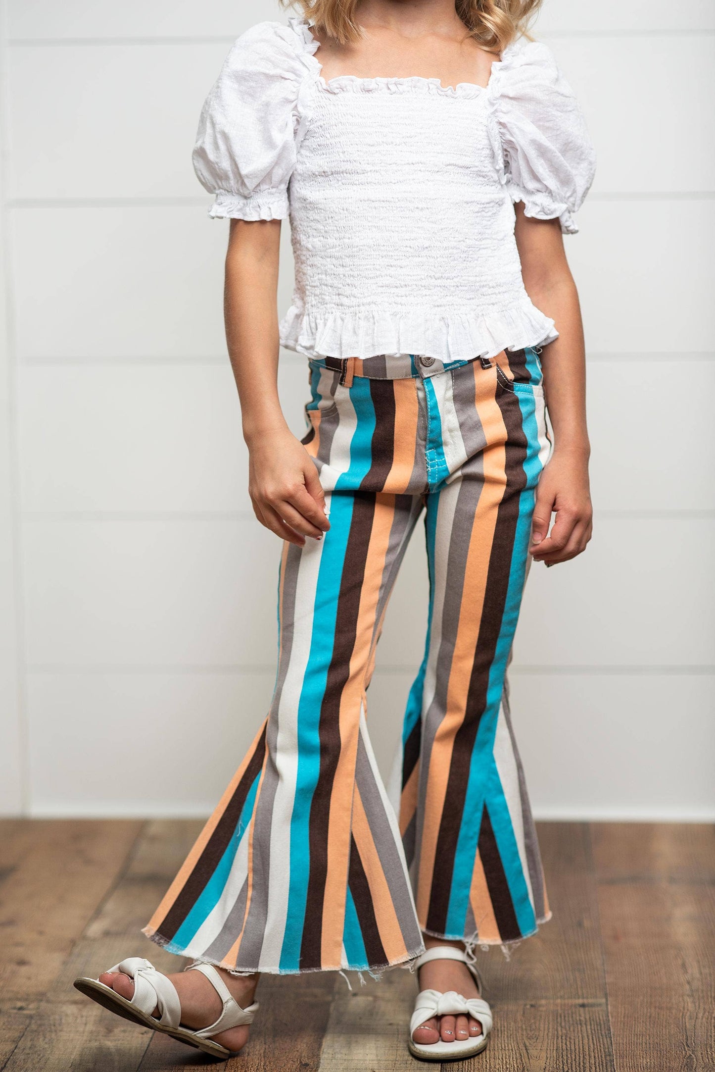 Kids Teal Rust Tangerine Striped Denim Jean Flare Pant