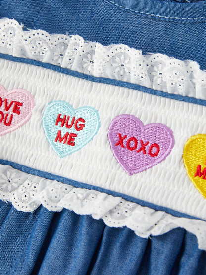 Heart Letters Smocking Embroidered Lace Girls Romper