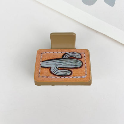 Western cowboy cacti PU leather square hair claw clip
