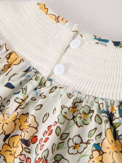 Embroidery Smocking Bow Floral Leaf Baby Girls Romper