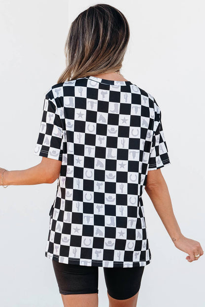Western Fashion Checkerboard Print Side Split T Shirt
