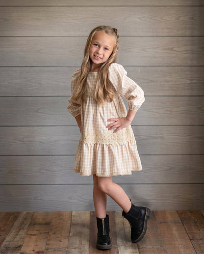 Gingham & Vintage Lace Puff Sleeve Tiered Dress *PREORDER*