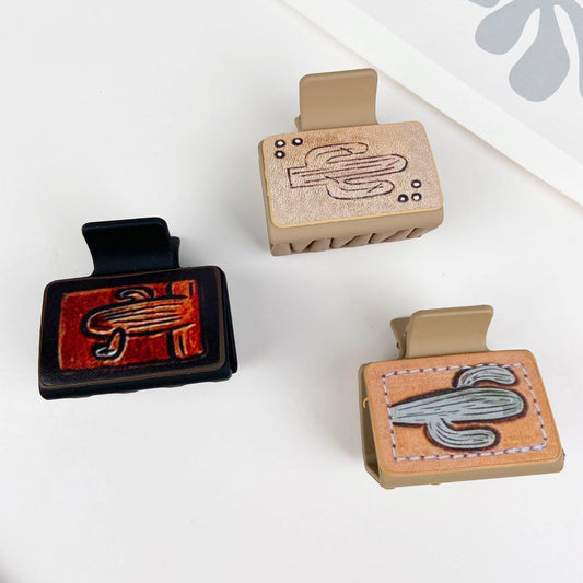 Western cowboy cacti PU leather square hair claw clip