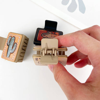 Western cowboy cacti PU leather square hair claw clip