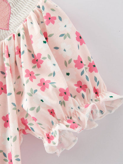 Heart Smocking Embroidery Short Sleeve Girls Dress