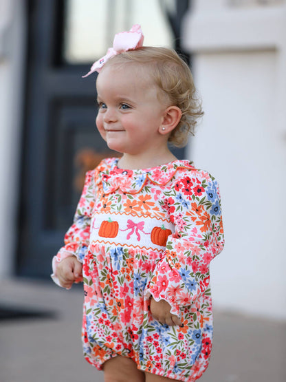 Halloween Pumpkin Bow Smock Embroidered Floral Baby Girl Romper