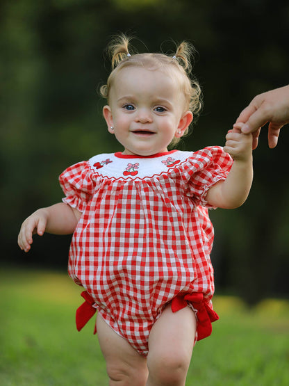 Red Cherry Bow Plaid Smocking Embroidery Girls' Romper