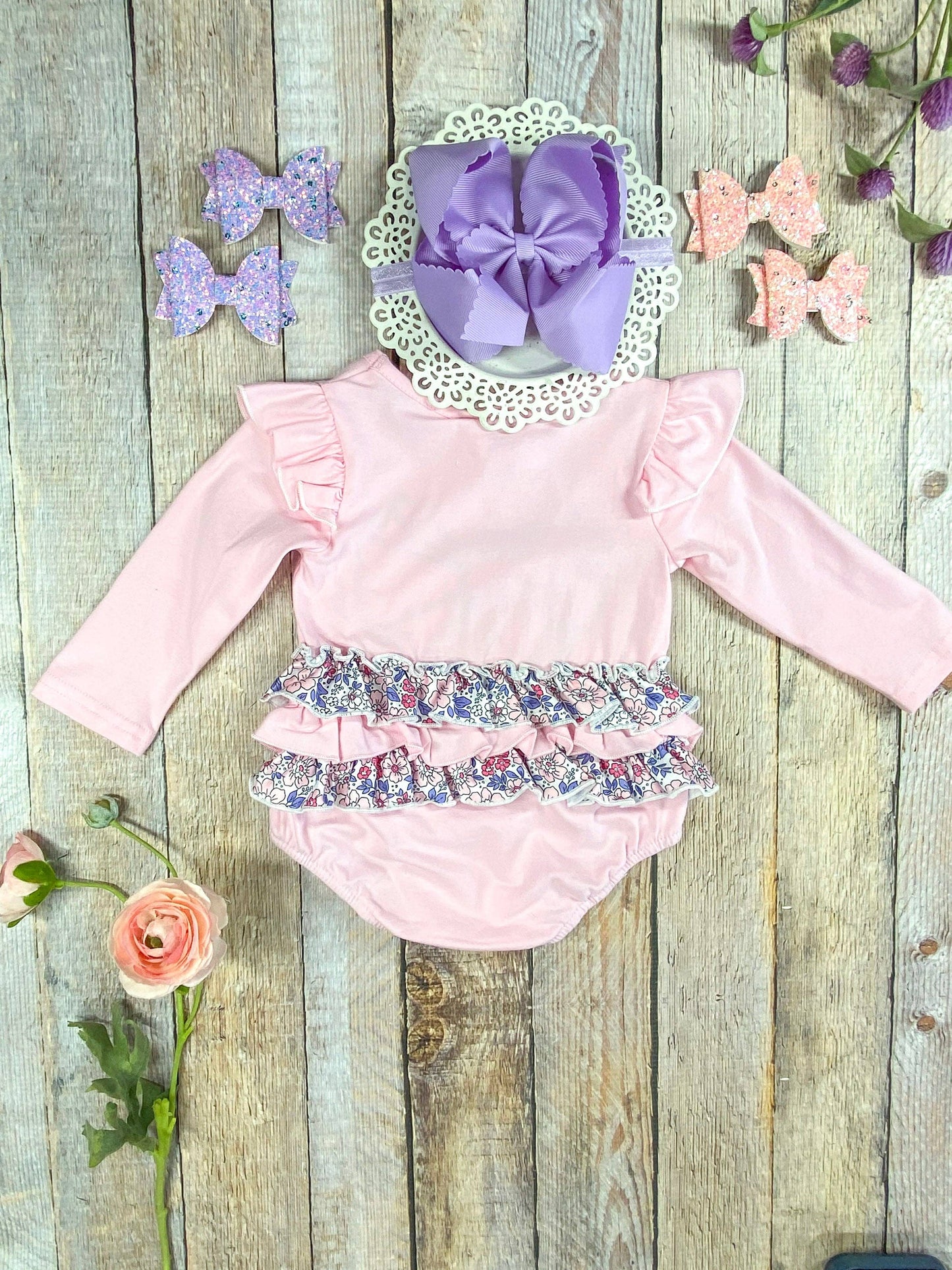 Purple Bow Applique Infant Romper