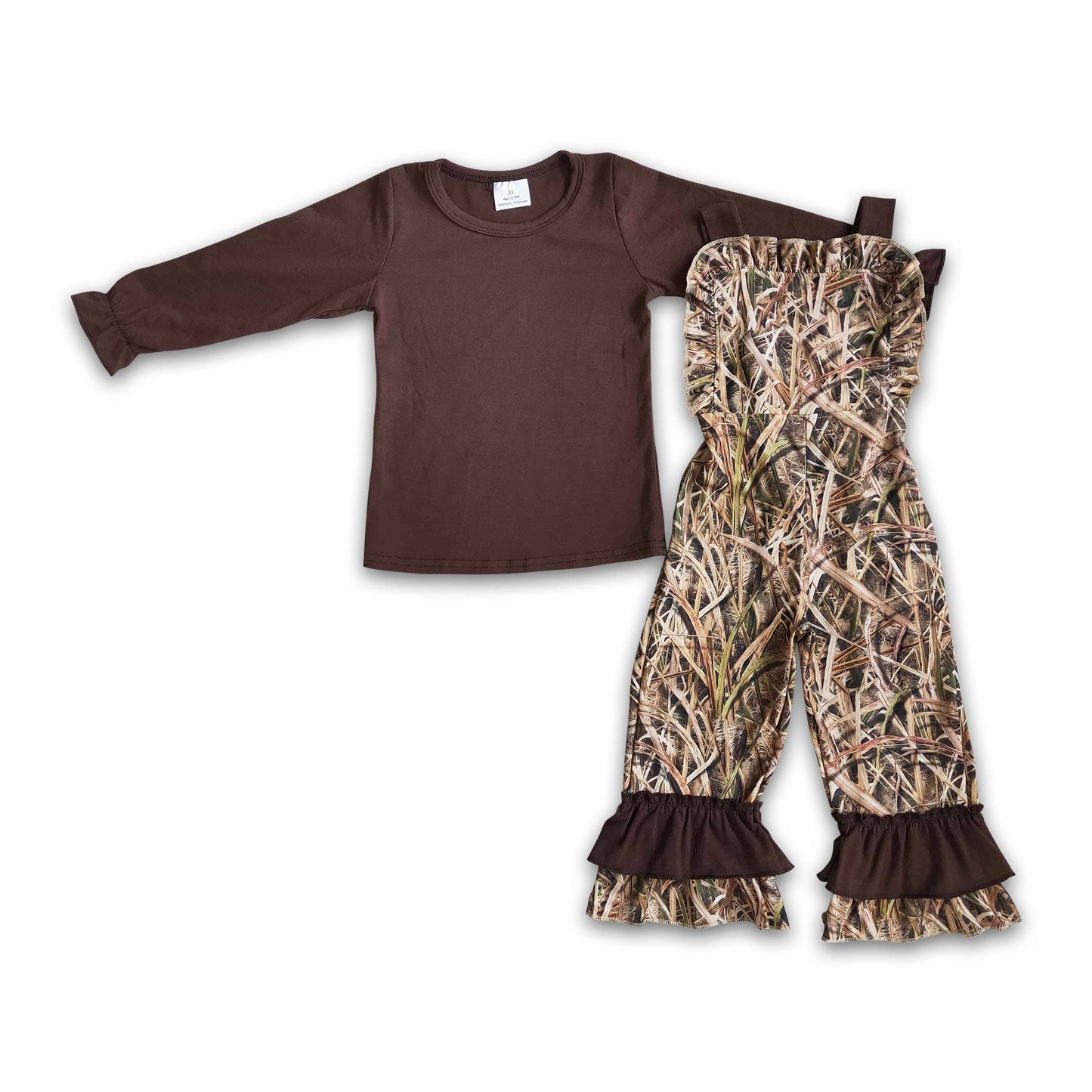 Brown shirt and camouflage overall pants with ruffles on a white background