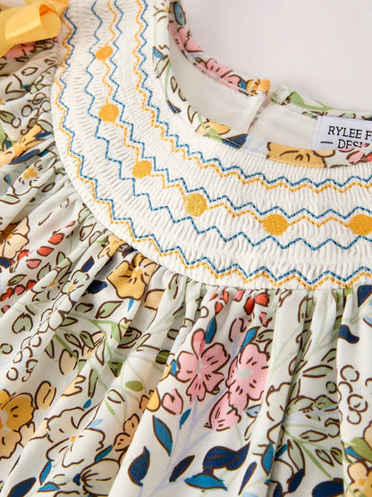 Embroidery Smocking Bow Floral Leaf Baby Girls Dress