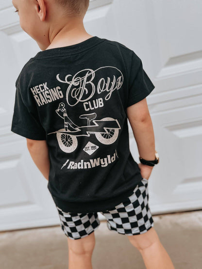 black t-shirt that says "heck raising boys club" with a bike and lightning bolt graphic