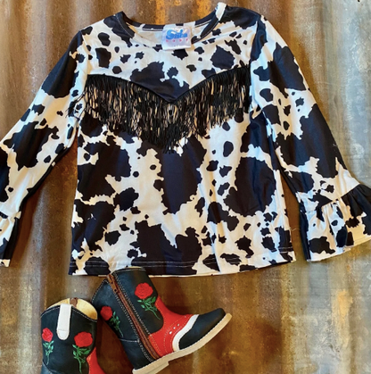 Cowprint Fringe Long Sleeve Top