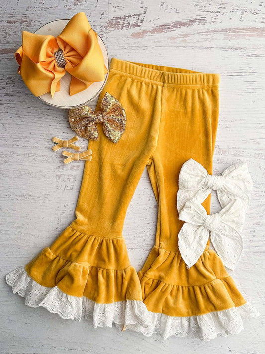 Mustard Lace Trimmed Velvet Bell Bottoms.