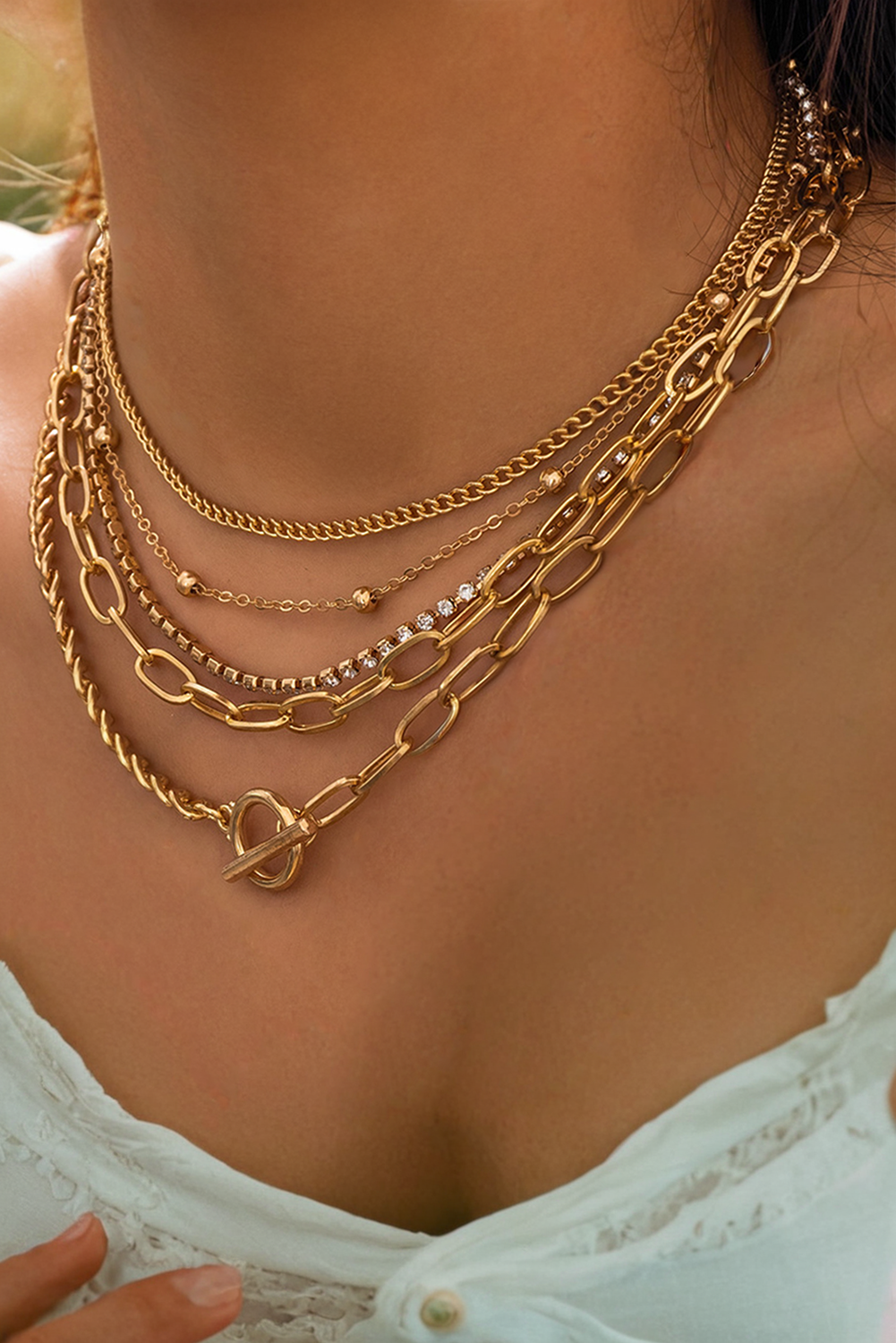 5pcs Layered Rhinestone Chain Collarbone Necklaces Set