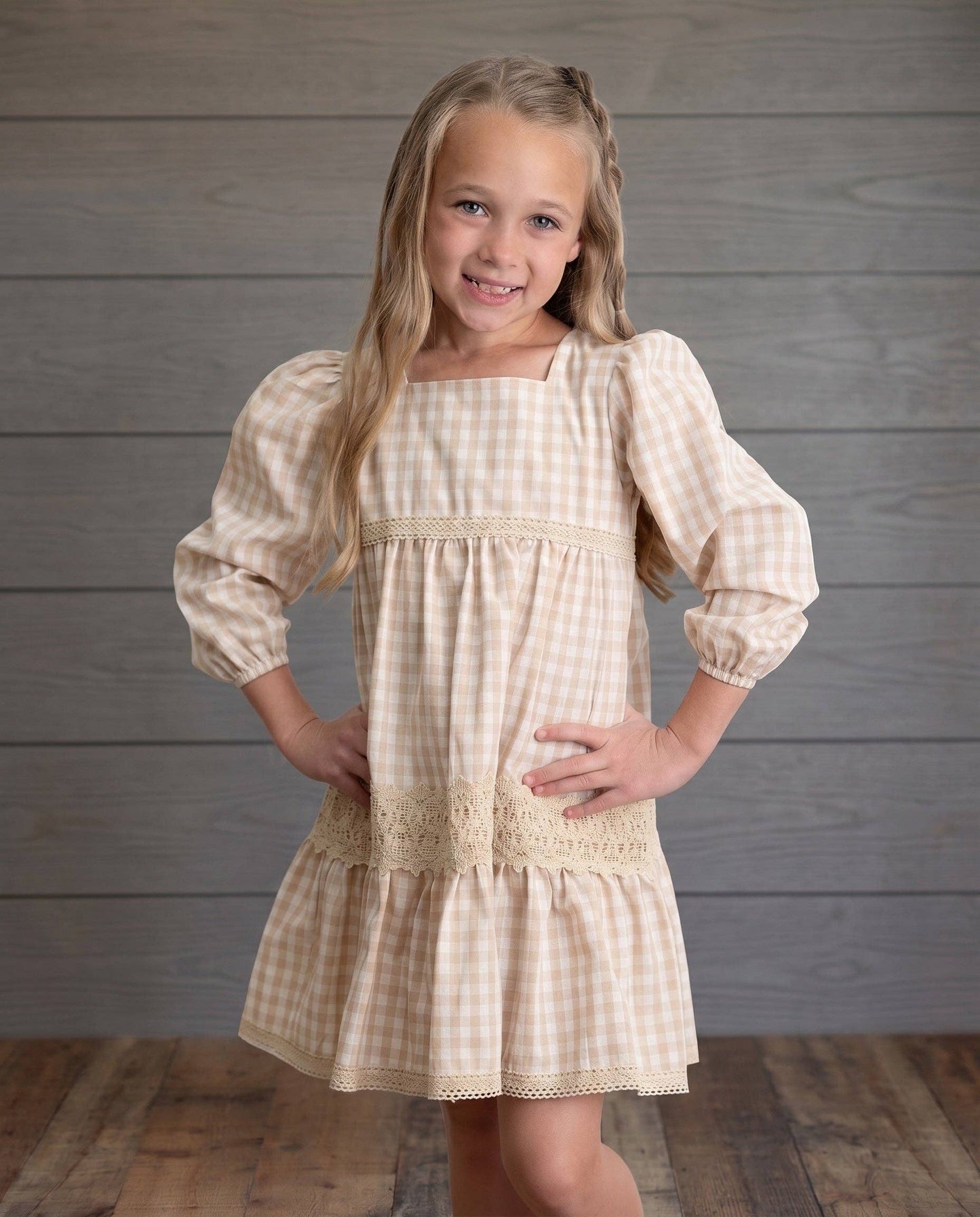 Gingham & Vintage Lace Puff Sleeve Tiered Dress *PREORDER*