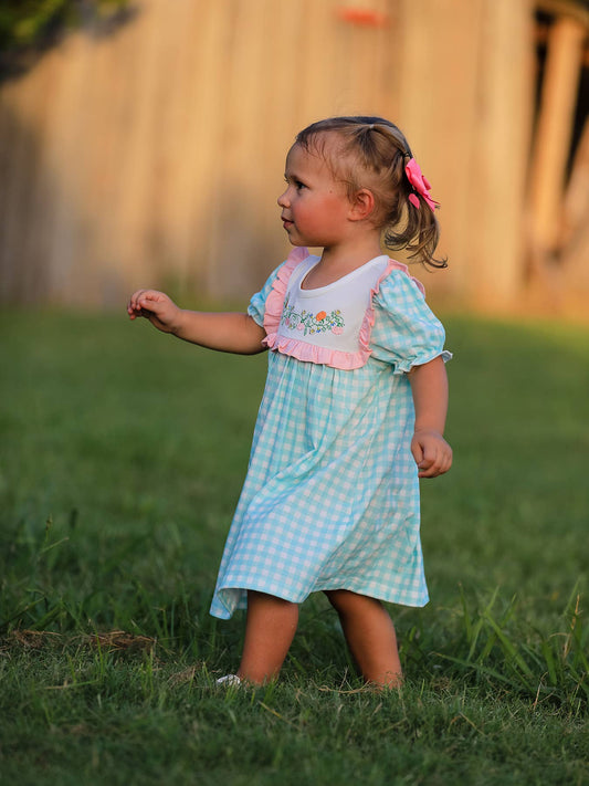 Thanksgiving Day Fall Pumpkin Flowers Embroidered Check Girls Dress