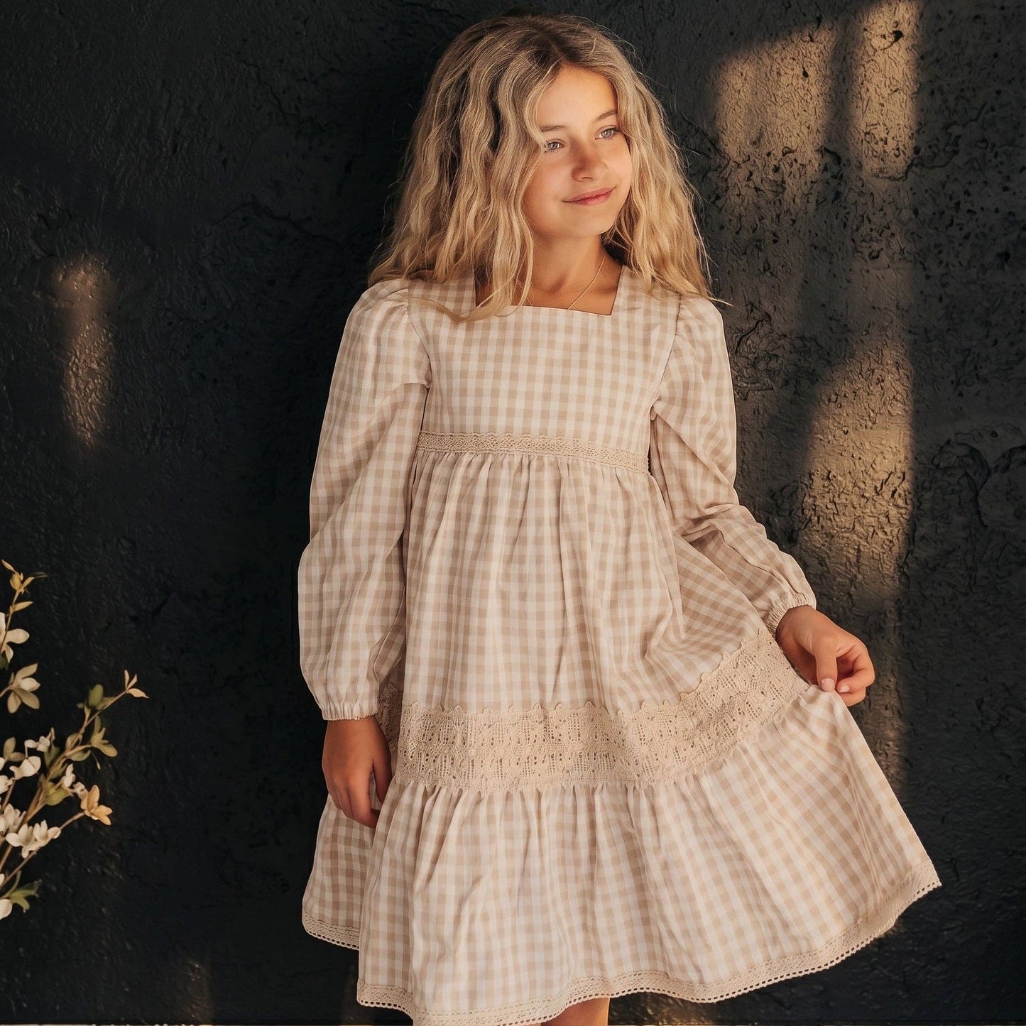 Gingham & Vintage Lace Puff Sleeve Tiered Dress *PREORDER*