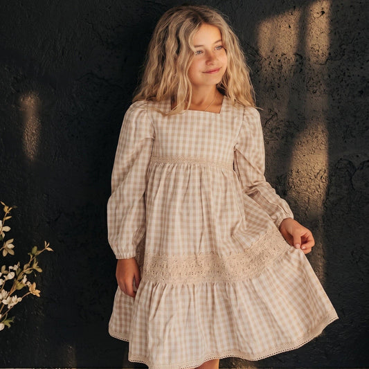 Gingham & Vintage Lace Puff Sleeve Tiered Dress *PREORDER*