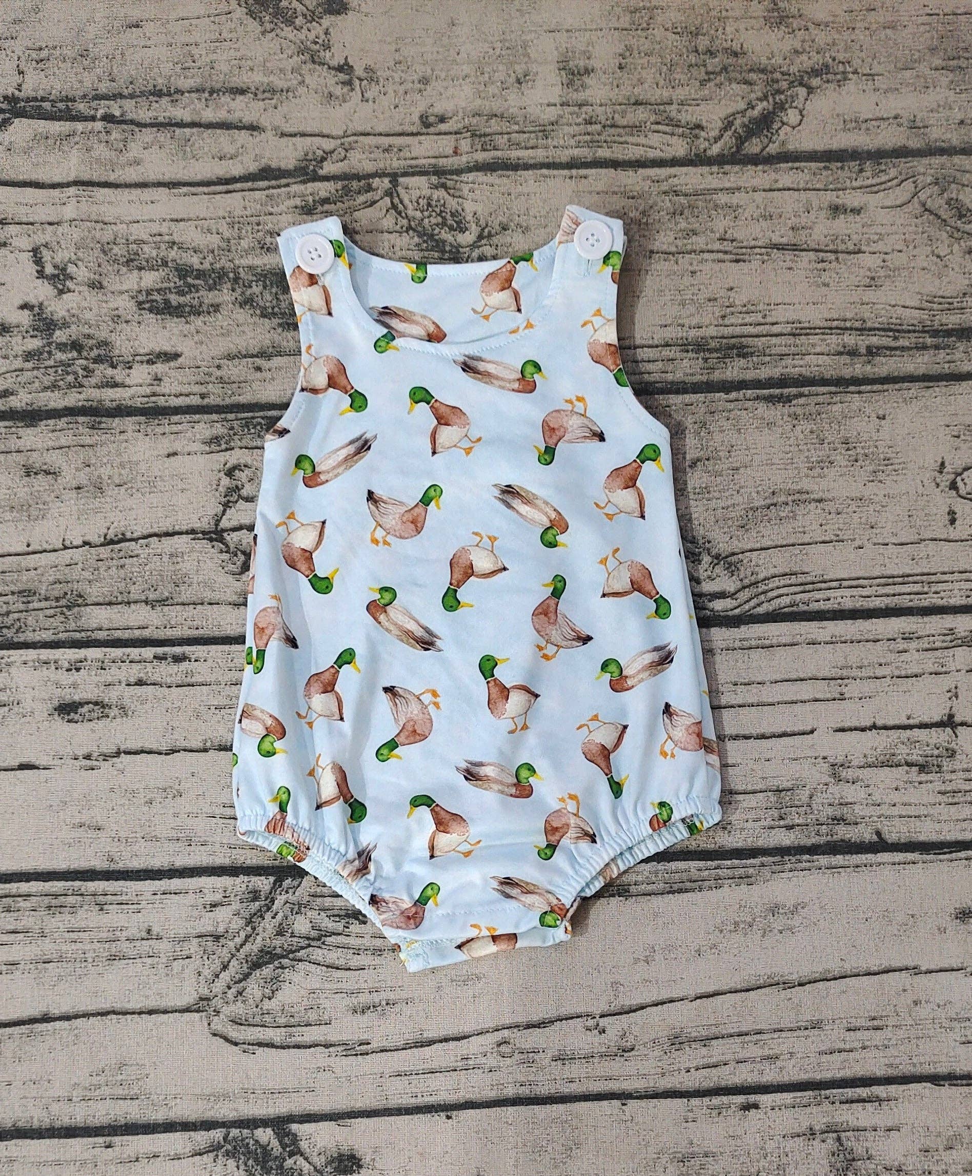 light blue baby boy romper with a allard duck deisgn 
