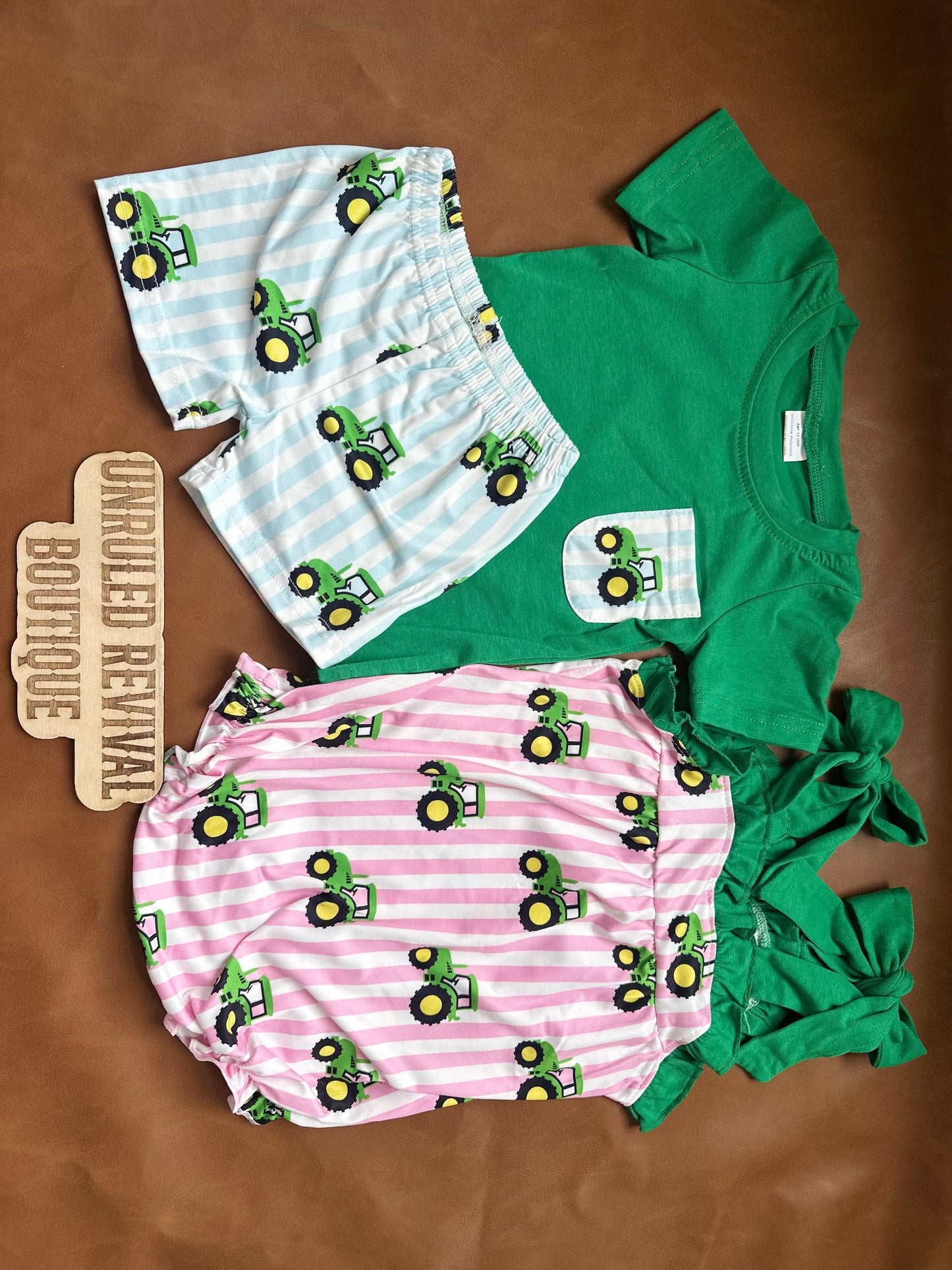 Tractor sibling outfits | girls romper | boys short set