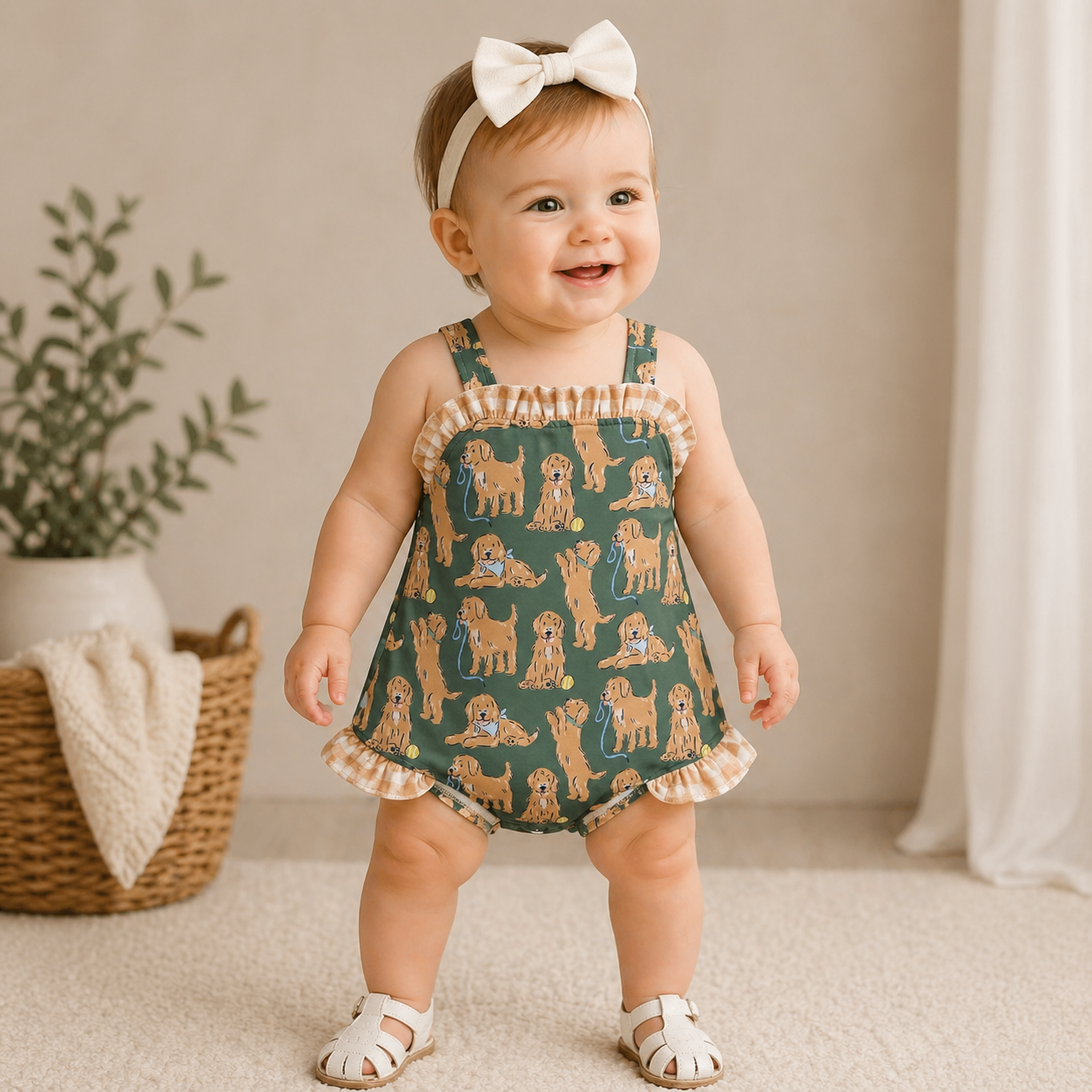 babygirl wearing a bubble romper with golden dogs printed on it. 