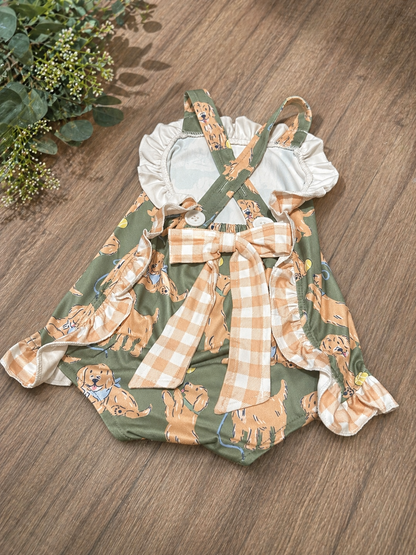 Golden Pup Gingham Bow Romper