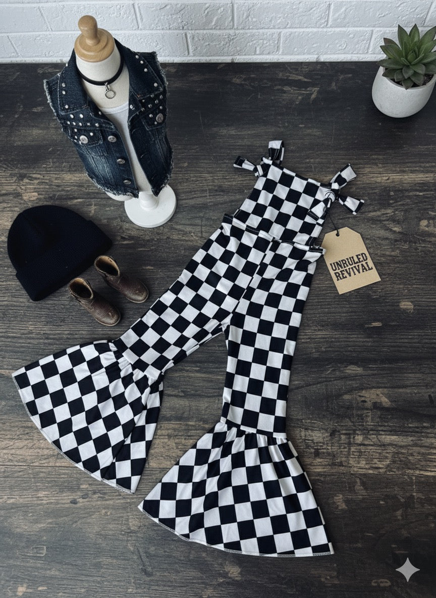 black and white checkerboard bell bottom overalls 