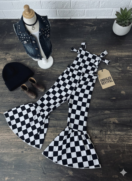black and white checkerboard bell bottom overalls 