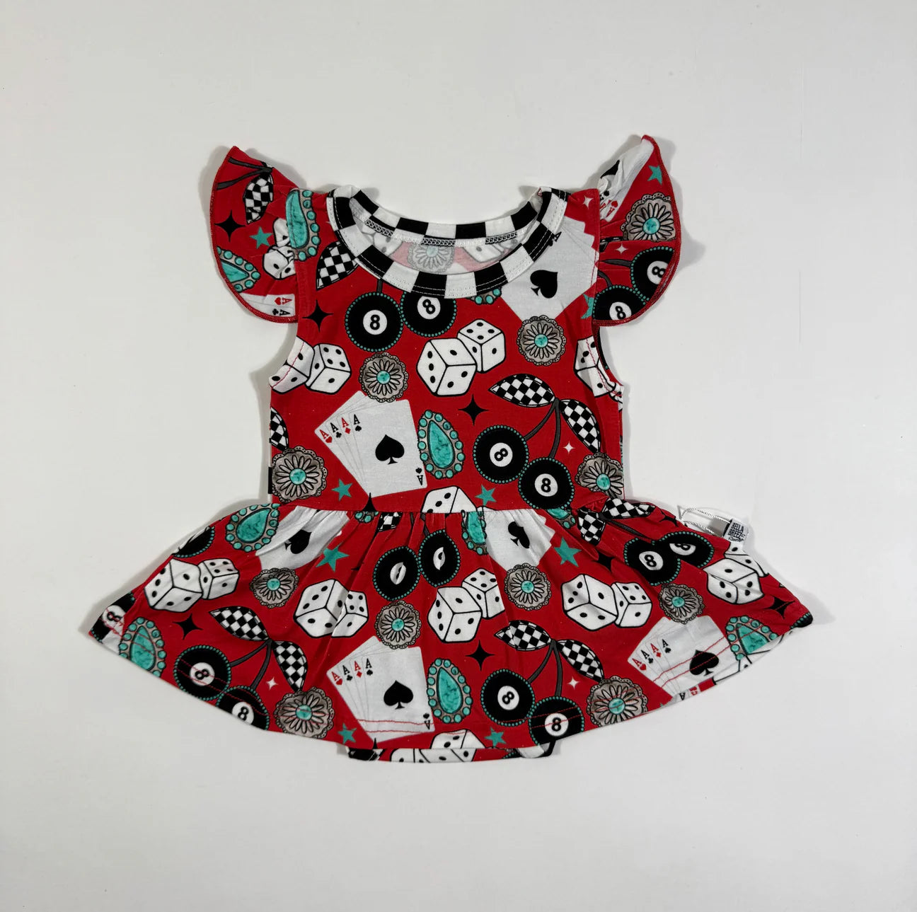 Girls red western skirted romper with dice, eightball and turquoise print 