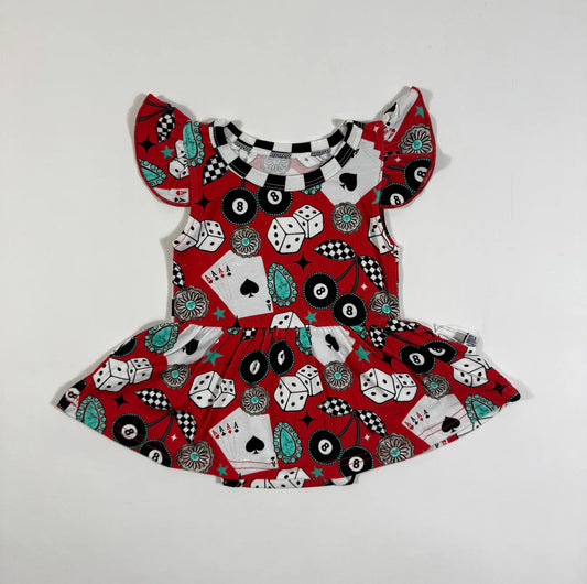 Girls red western skirted romper with dice, eightball and turquoise print 